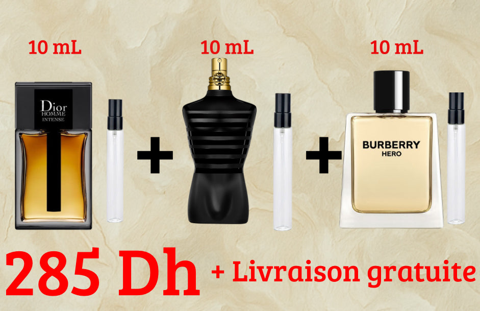 Pack Promo : Dior Homme Intense 10 mL + Le male 10 mL + Burberry Hero 10 mL