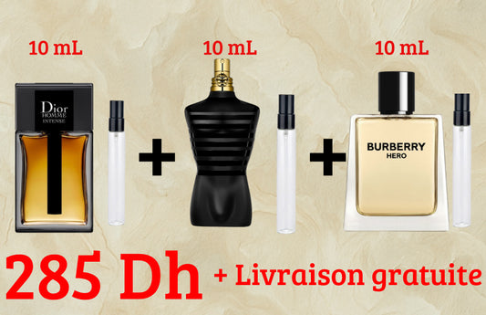 Pack Promo : Dior Homme Intense 10 mL + Le male 10 mL + Burberry Hero 10 mL